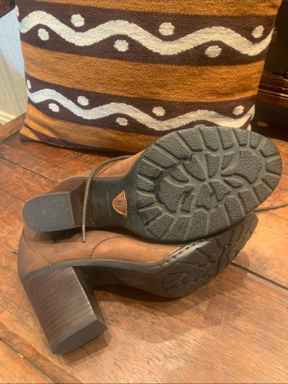Born Brown Leather Lace-Up Ankle Booties with Block Heel, No Box